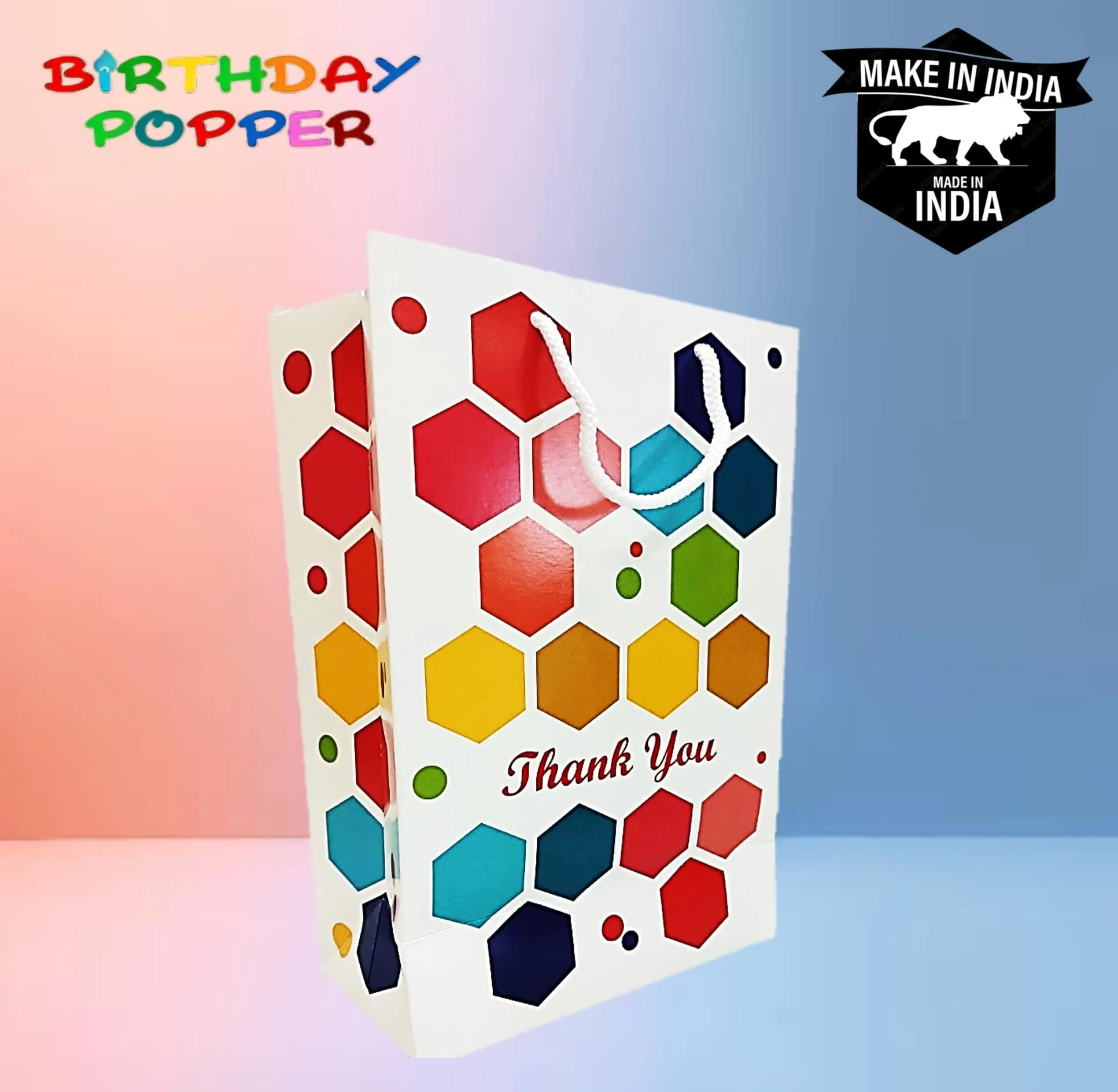 Birthday Popper Thank You Paper Bags Multi-Coloured | Set Of 20, Size: A5, 6 X 9 X 3 Inches, Small |Kids Party Gift Favor Candy Treat Goody Bag, For All Events