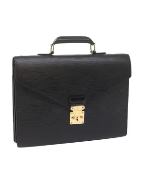 Black Leather Briefcase with Shoulder Strap and Multiple Compartments