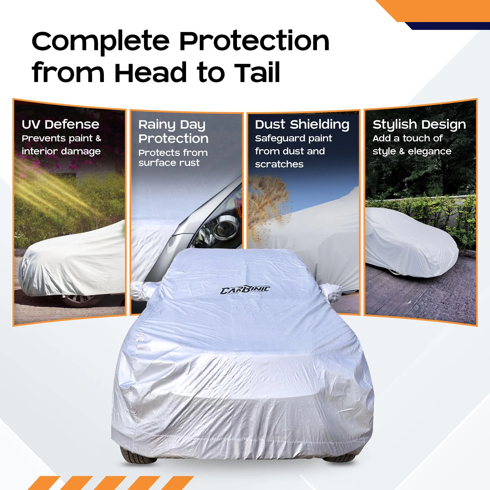 CARBINIC Waterproof Car Body Cover for Mahindra Scorpio 2022 | Dustproof, UV Proof Car Cover | Car Accessories | Mirror Pockets & Antenna Triple Stitched | Double Layered Soft Cotton Lining, Silver