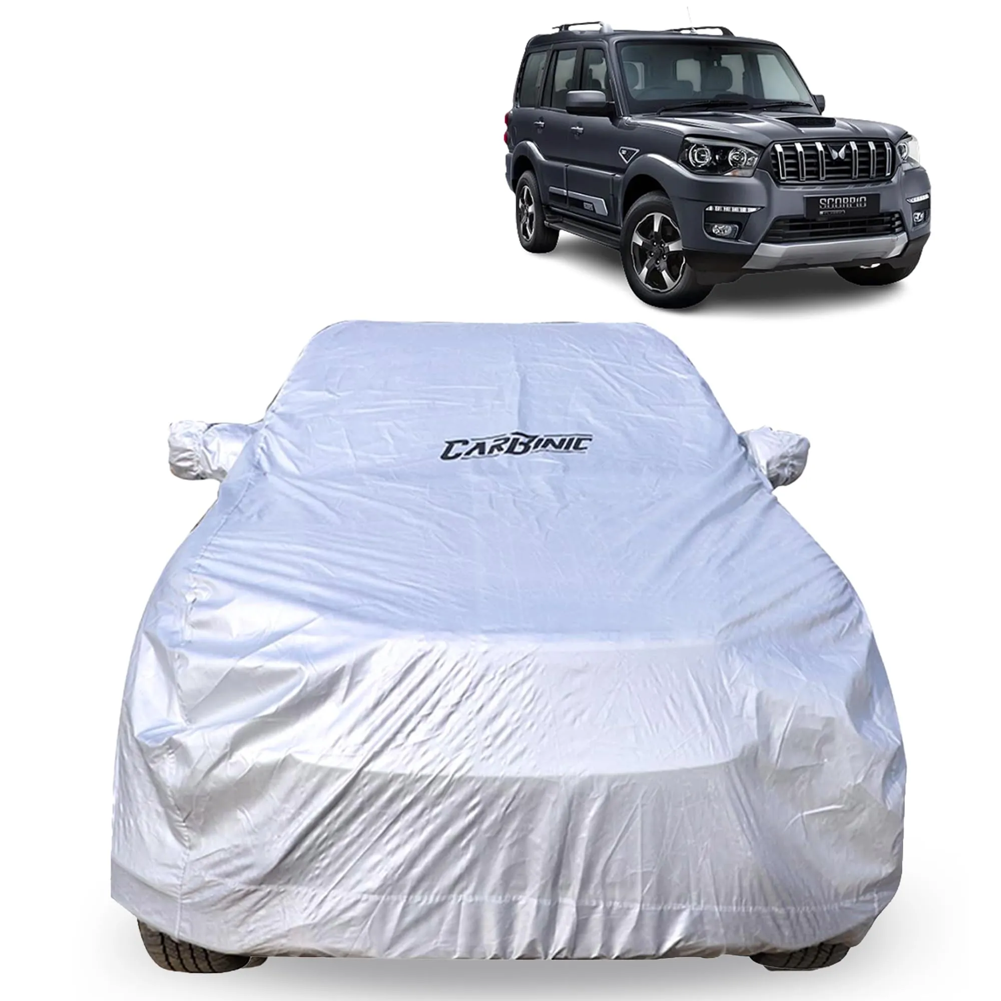 CARBINIC Waterproof Car Body Cover for Mahindra Scorpio 2022 | Dustproof, UV Proof Car Cover | Car Accessories | Mirror Pockets & Antenna Triple Stitched | Double Layered Soft Cotton Lining, Silver