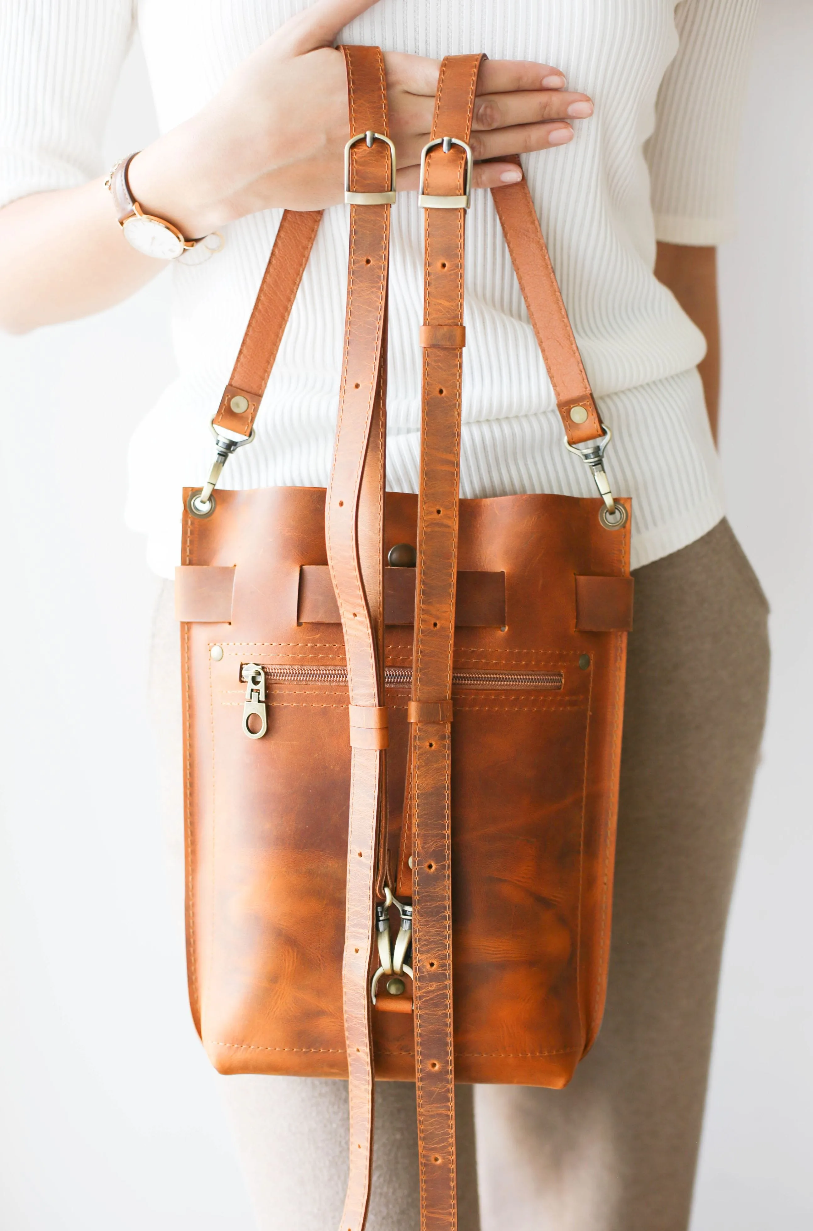 Cognac Brown Leather Bag - "Ring Belt Edition"