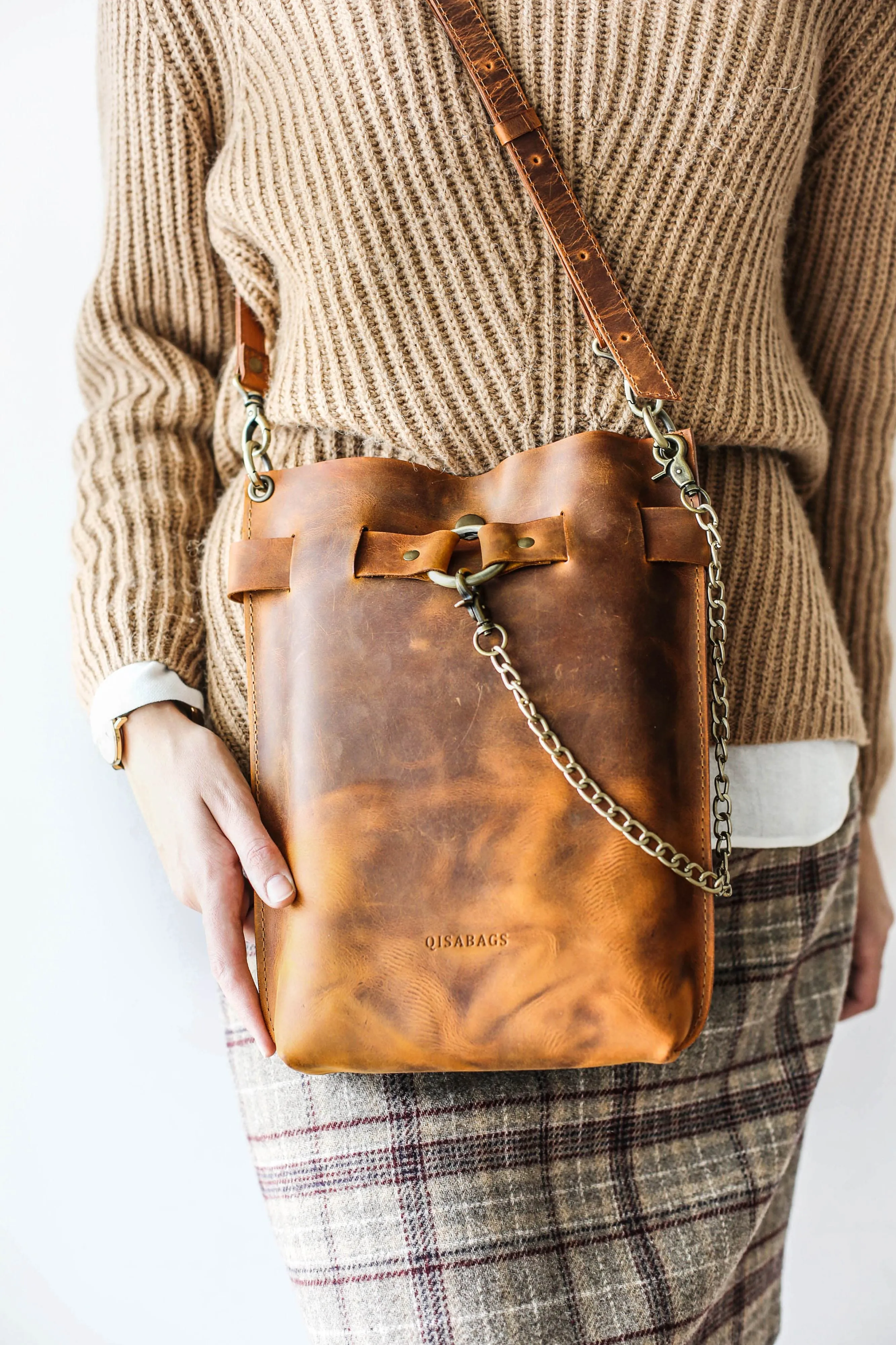 Cognac Brown Leather Bag - "Ring Belt Edition"