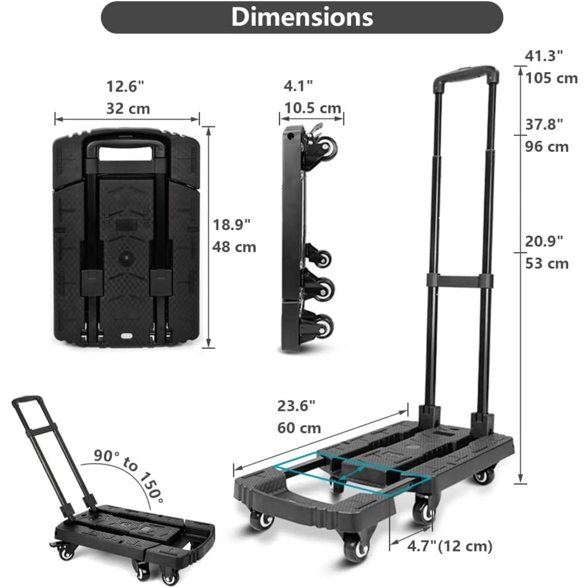 Folding Luggage Cart, Hand Truck, Dolly Cart, Ideal for Travel, Moving, Shopping, and Package Delivery in Offices and More (Load bearing 200KG, 6 wheels, black)