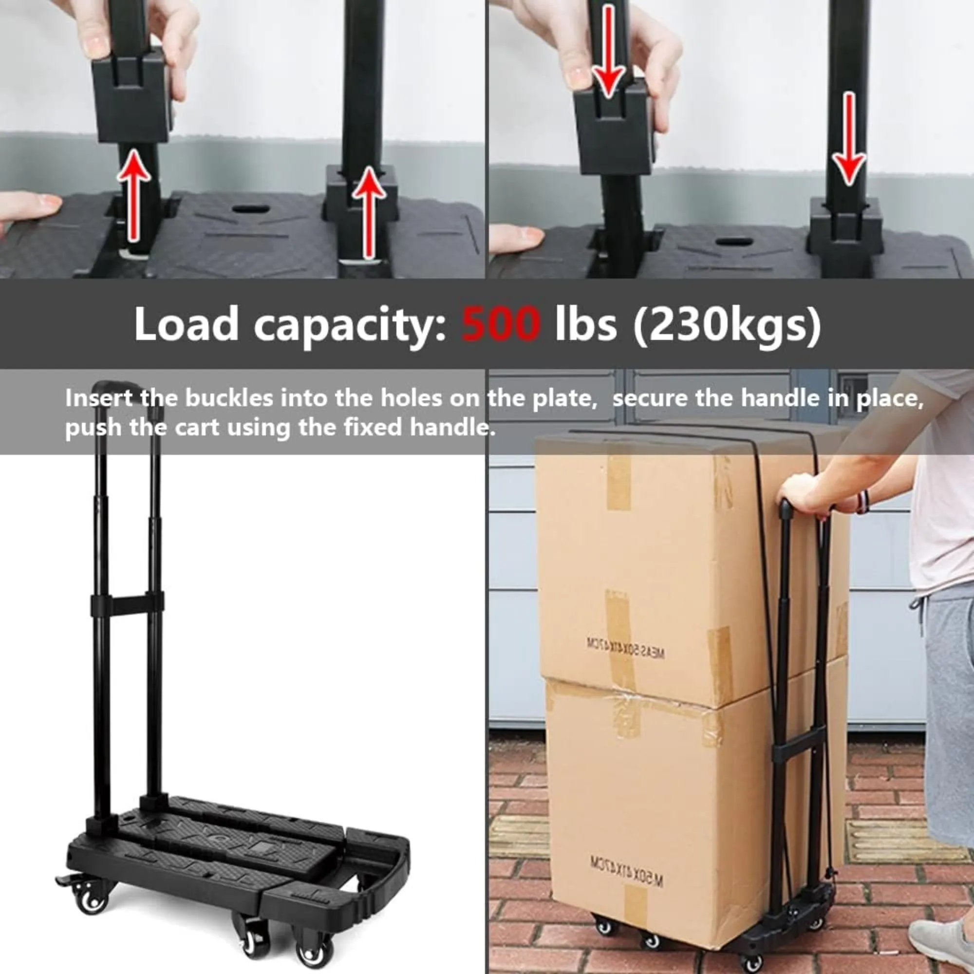 Folding Luggage Cart, Hand Truck, Dolly Cart, Ideal for Travel, Moving, Shopping, and Package Delivery in Offices and More (Load bearing 200KG, 6 wheels, black)