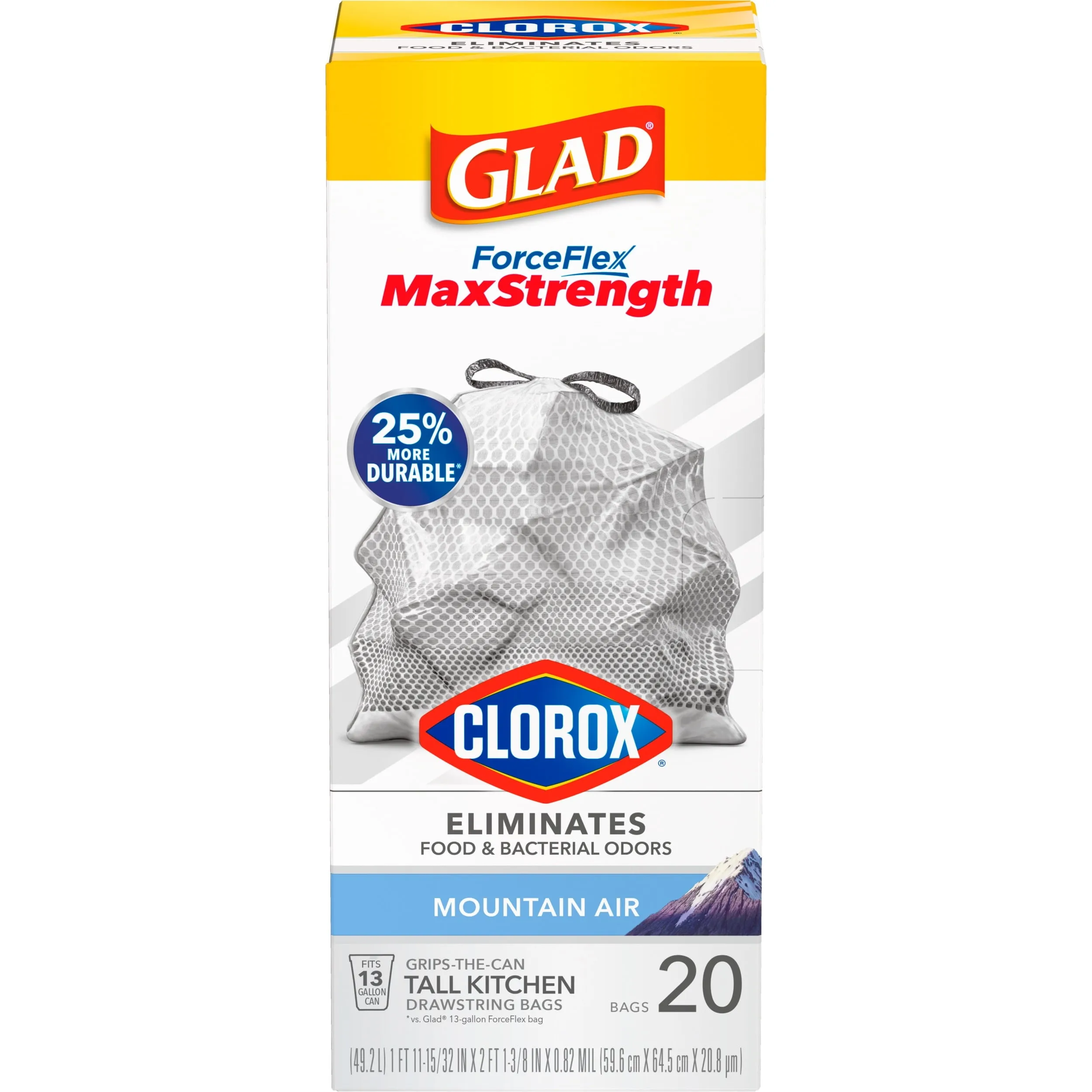 Glad ForceFlex MaxStrength with Clorox 13 Gallon Tall Kitchen Trash Bags, Mountain Air, 20 Bags