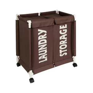 HOKIPO Oxford Fabric 2 Compartment Laundry Basket Trolley With Wheels -  Brown