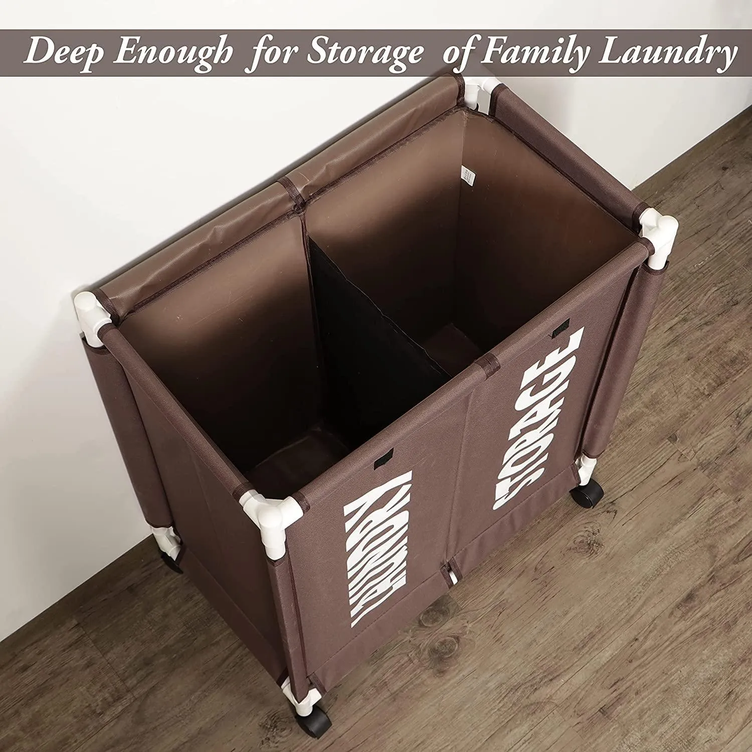 HOKIPO Oxford Fabric 2 Compartment Laundry Basket Trolley With Wheels -  Brown