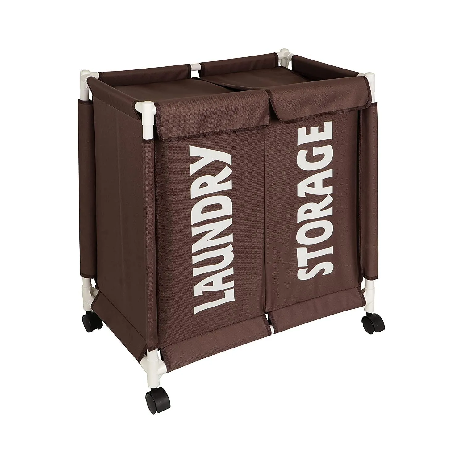 HOKIPO Oxford Fabric 2 Compartment Laundry Basket Trolley With Wheels -  Brown