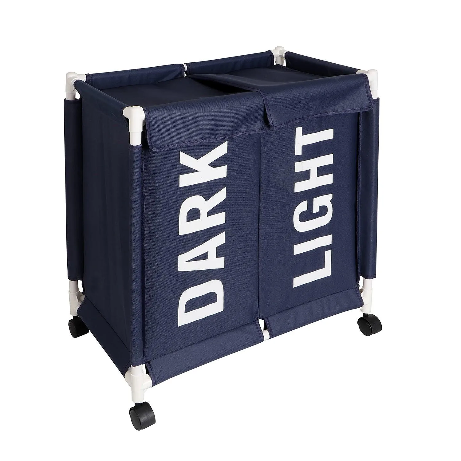 HOKIPO Oxford Fabric Laundry 2 Compartment Basket Trolley With Wheels - 65x61x35 cm, Dark Blue