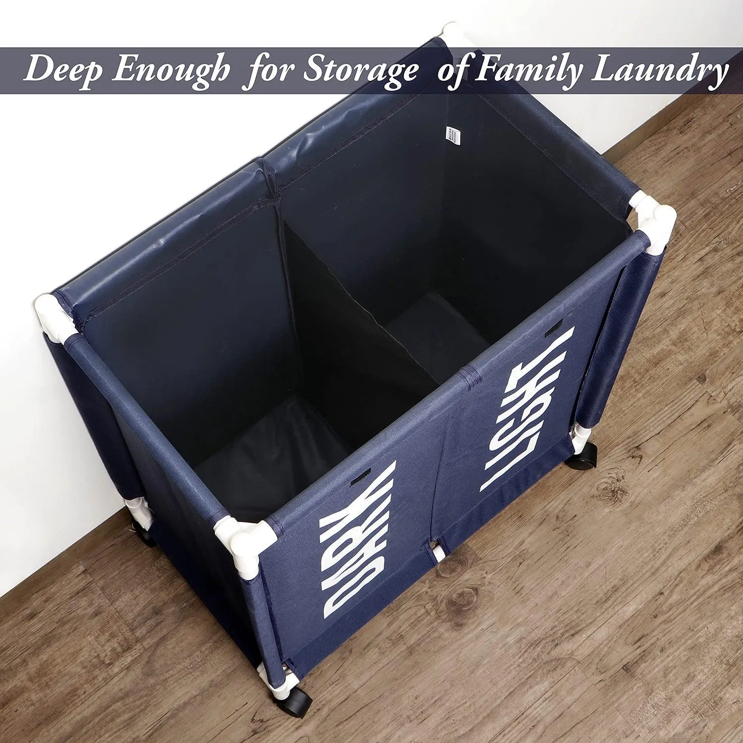 HOKIPO Oxford Fabric Laundry 2 Compartment Basket Trolley With Wheels - 65x61x35 cm, Dark Blue