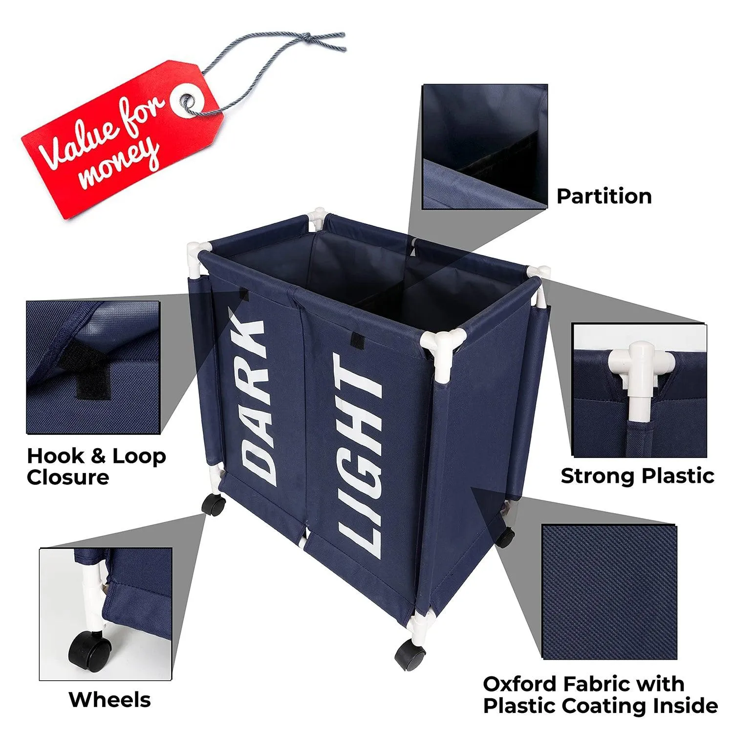 HOKIPO Oxford Fabric Laundry 2 Compartment Basket Trolley With Wheels - 65x61x35 cm, Dark Blue