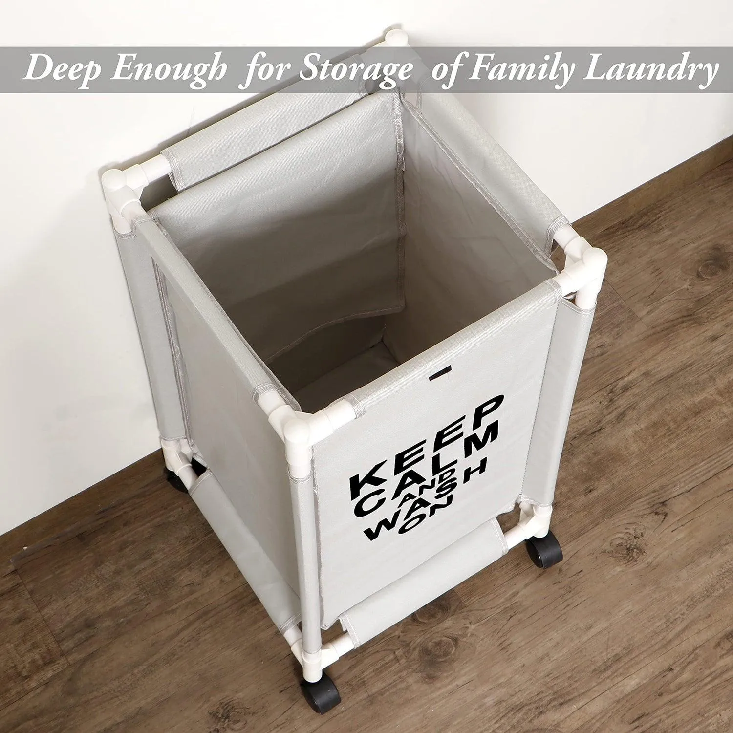 HOKIPO Oxford Fabric Laundry Basket Trolley With Wheels - 65x35x35 cm, Grey