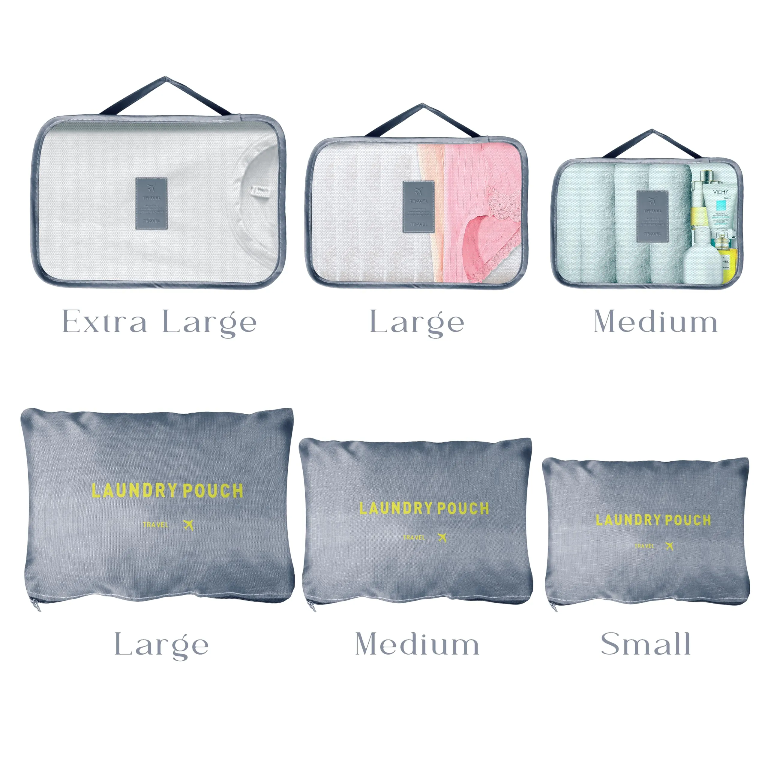 Homestic Pack of 6 Travel Luggage Bag | Toiletry Bag for Jewellery-Watches-Bracelets | Multi-Purpose Storage Bag with Handle | Travel Utility Storage Pouches | LYN16-GRY | Grey