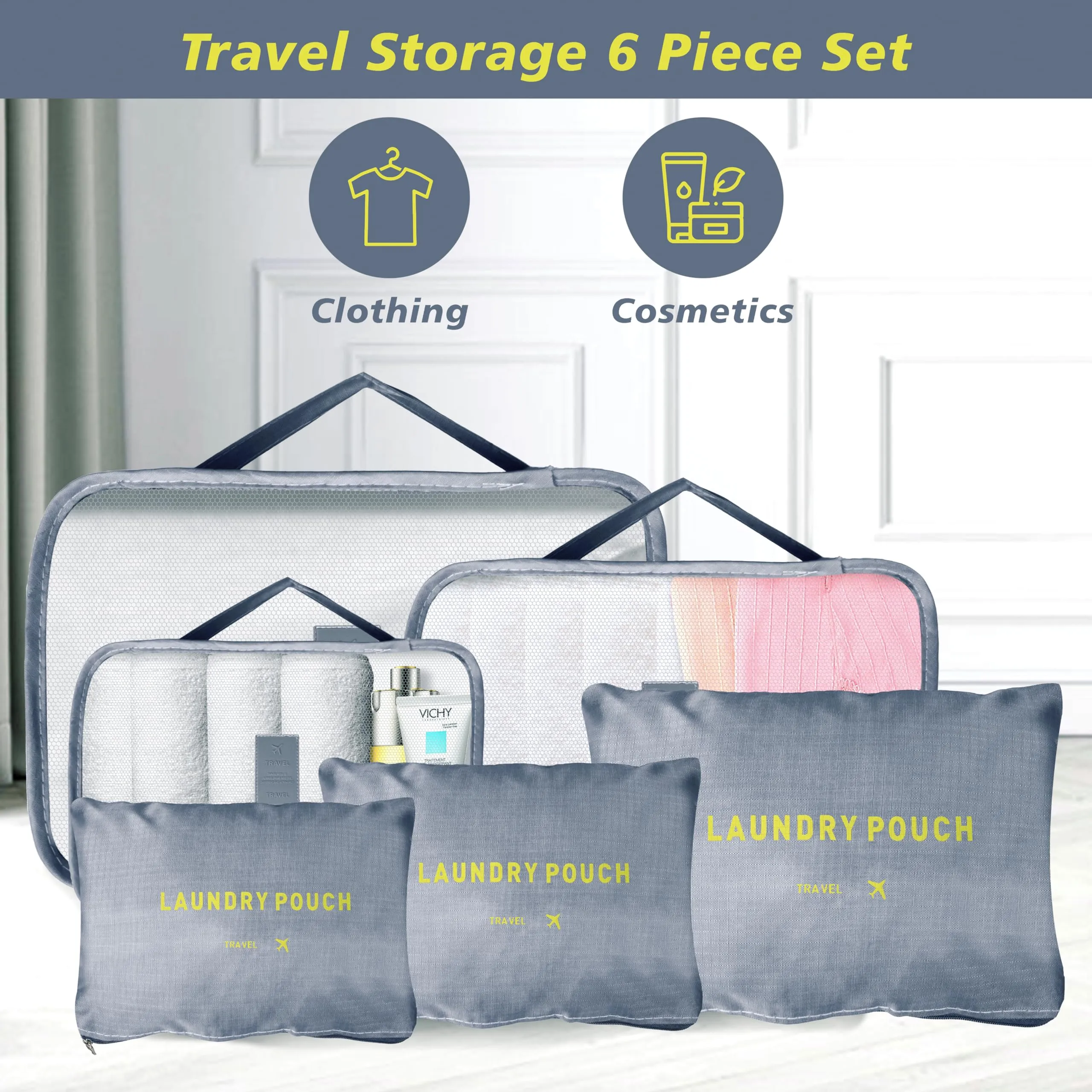 Homestic Pack of 6 Travel Luggage Bag | Toiletry Bag for Jewellery-Watches-Bracelets | Multi-Purpose Storage Bag with Handle | Travel Utility Storage Pouches | LYN16-GRY | Grey