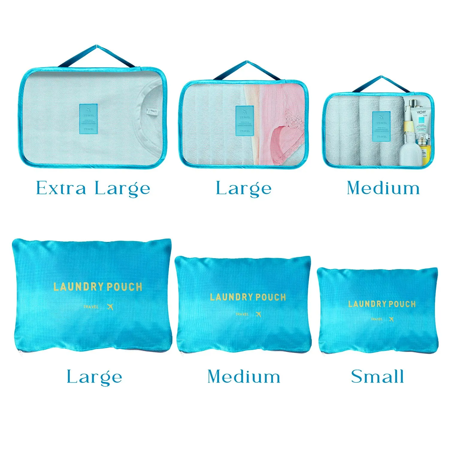 Kuber Industries 12 Pcs Travel Luggage Bag | Toiletry Bag for Jewellery-Watches-Bracelets | Multi-Purpose Storage Bag with Handle | Travel Utility Storage Pouches | LYN16-BLE | Blue| Pack of 2