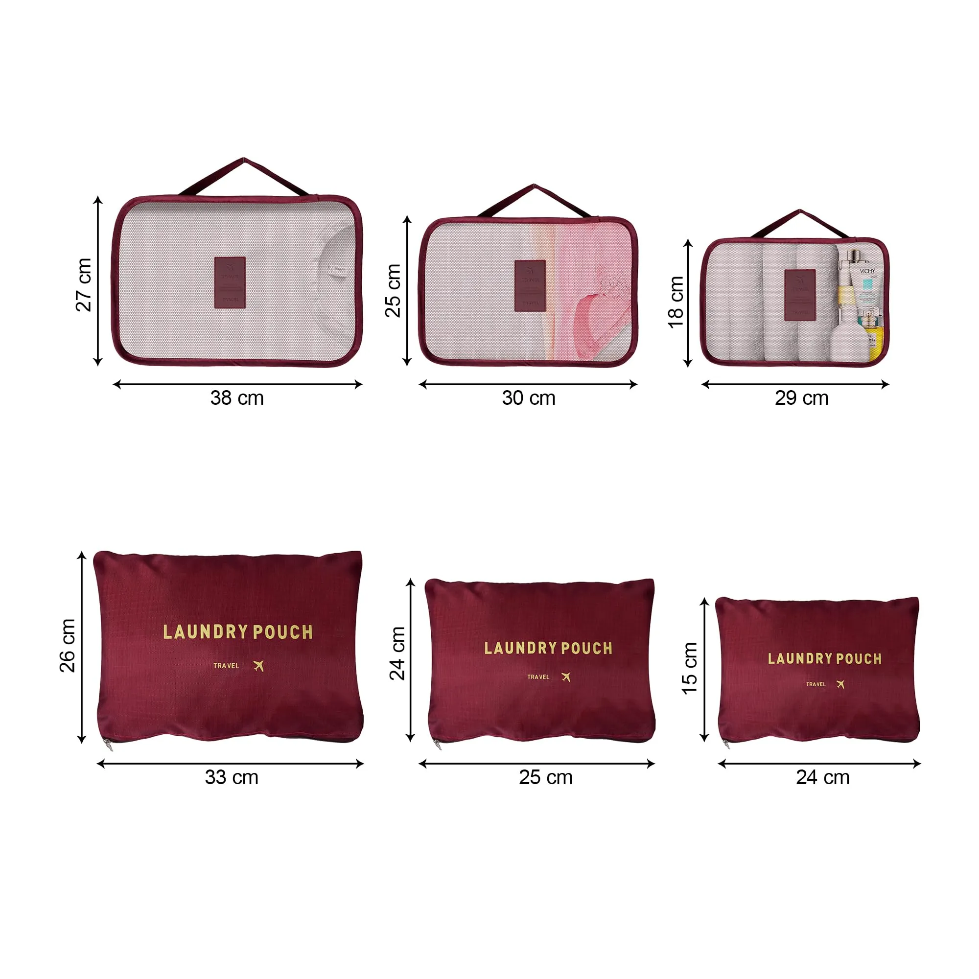 Kuber Industries 18 Pcs Travel Luggage Bag | Toiletry Bag for Jewellery-Watches-Bracelets | Multi-Purpose Storage Bag with Handle | Travel Utility Storage Pouches | LYN16-MRO | Maroon| Pack of 3