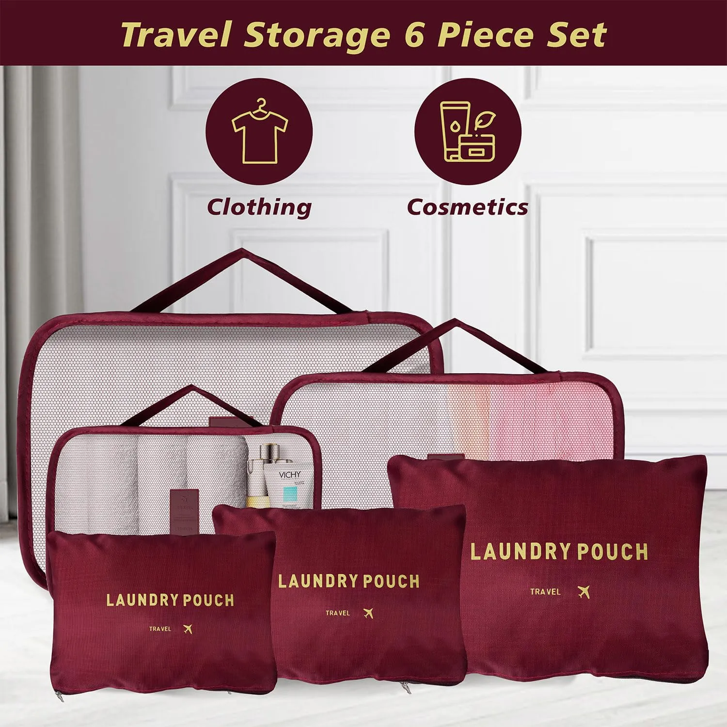 Kuber Industries 18 Pcs Travel Luggage Bag | Toiletry Bag for Jewellery-Watches-Bracelets | Multi-Purpose Storage Bag with Handle | Travel Utility Storage Pouches | LYN16-MRO | Maroon| Pack of 3