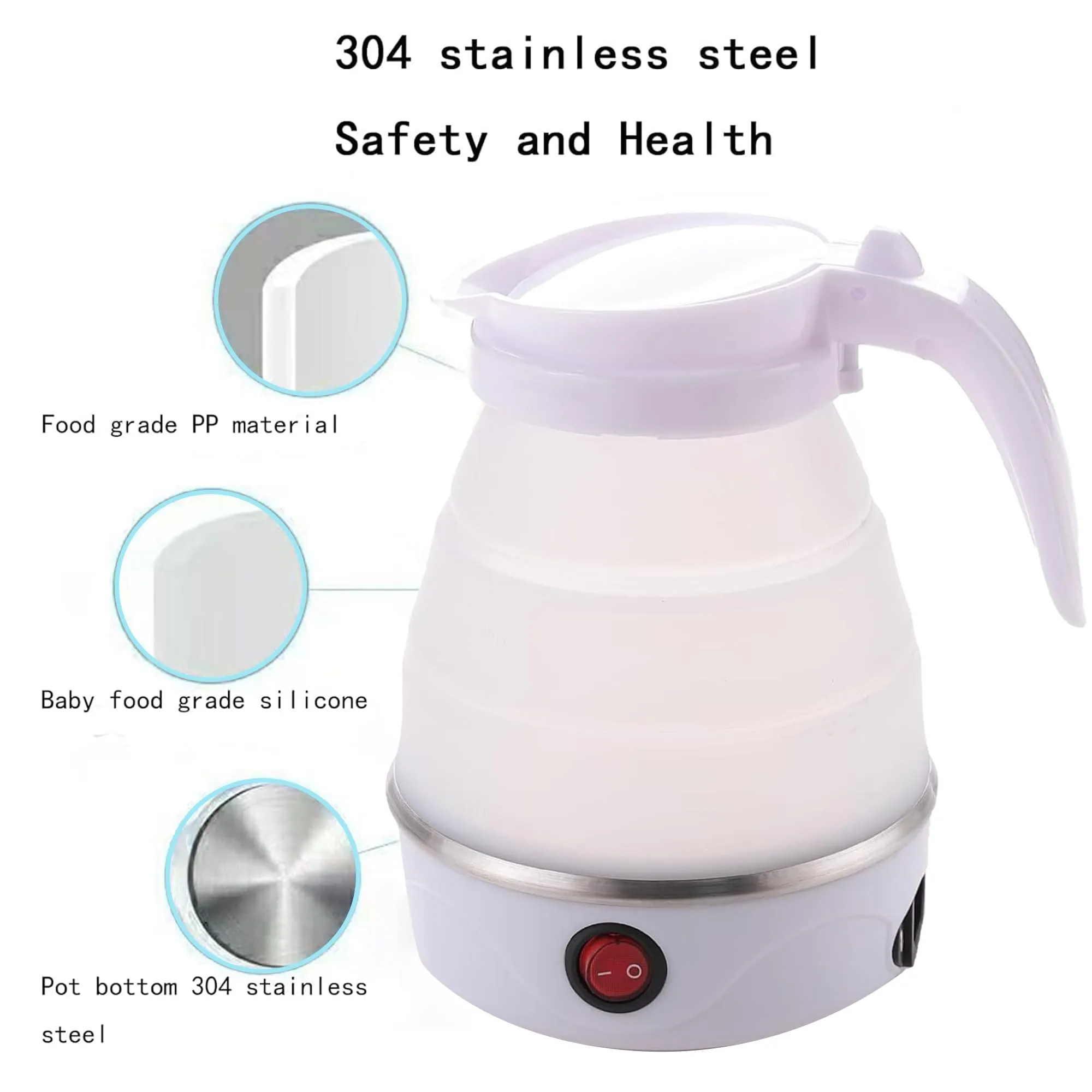 Kuber Industries Pack of 5 Foldable Electric Kettle 600 ML|Silicone Body With 304-Stainless Steel Base|Leak Proof Design|Multipurpose Portable Electric Kettle for Travel, Office & Home|600W|White