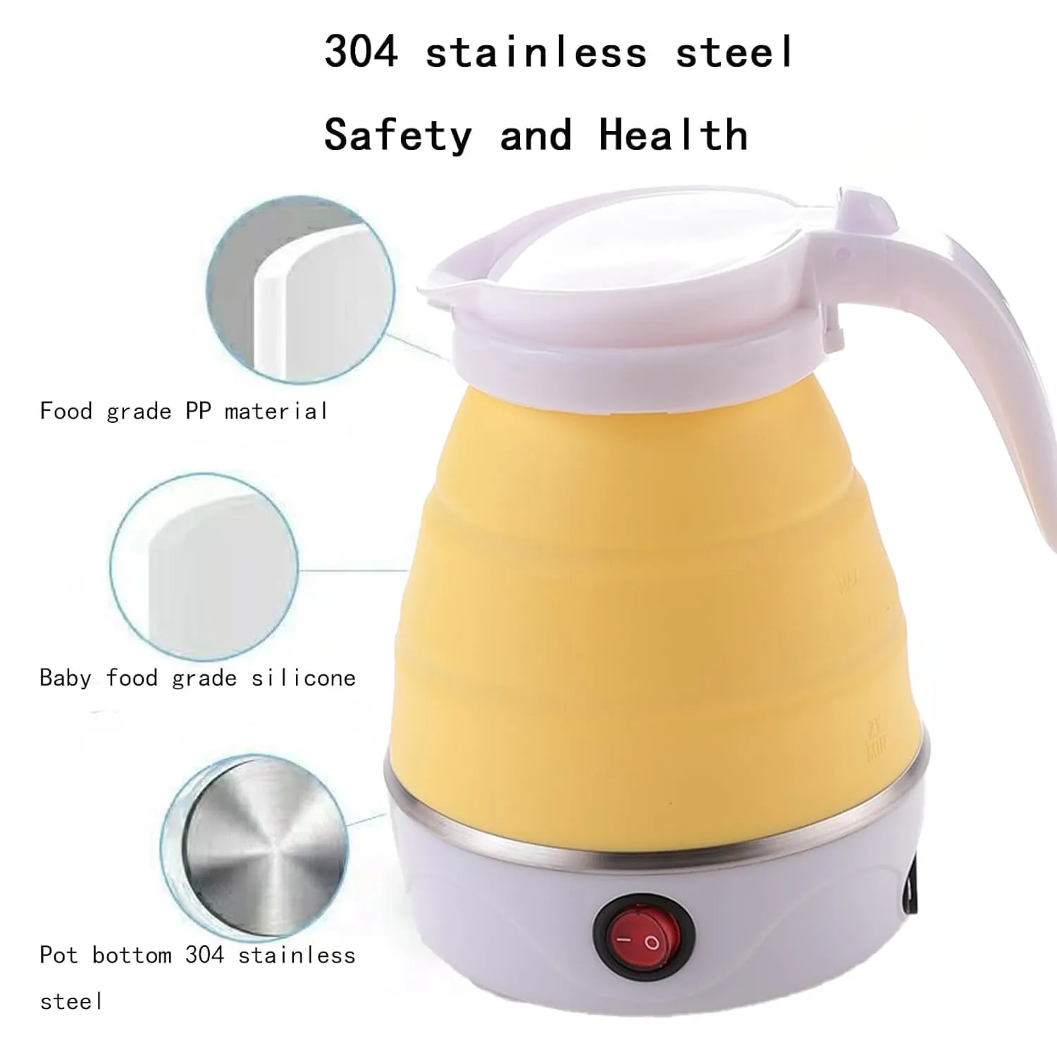 Kuber Industries Pack of 5 Foldable Electric Kettle 600 ML|Silicone Body With 304-Stainless Steel Base|Leak Proof Design|Multipurpose Portable Electric Kettle for Travel, Office & Home|600W|Yellow