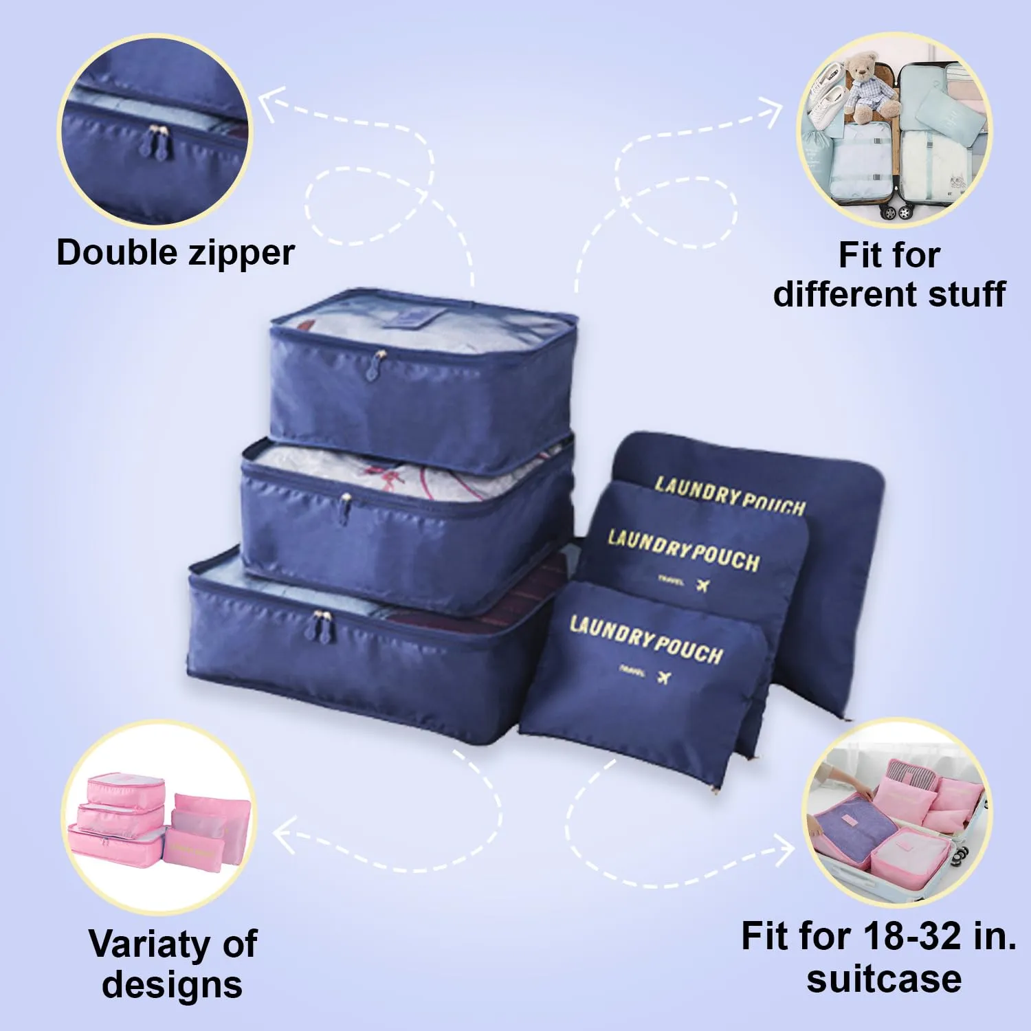 Kuber Industries Set of 6 Travel Organizer | 3 Packing Cubes   3 Pouches Luggage Bags Set | Laundry Pouch for Bra-Pantry-Socks-Shoe-Cosmetics | Storage Clothes Packing Cubes | ZH022DB | Dark Blue