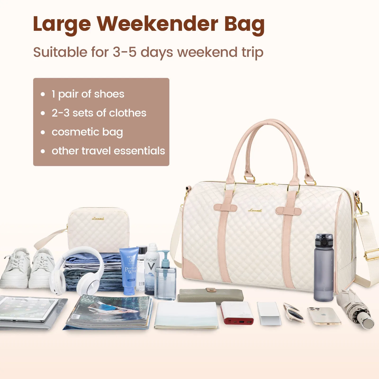 Lovevook All-in-One 3-Piece Beige & Pink Travel Set for Weekend Escapes