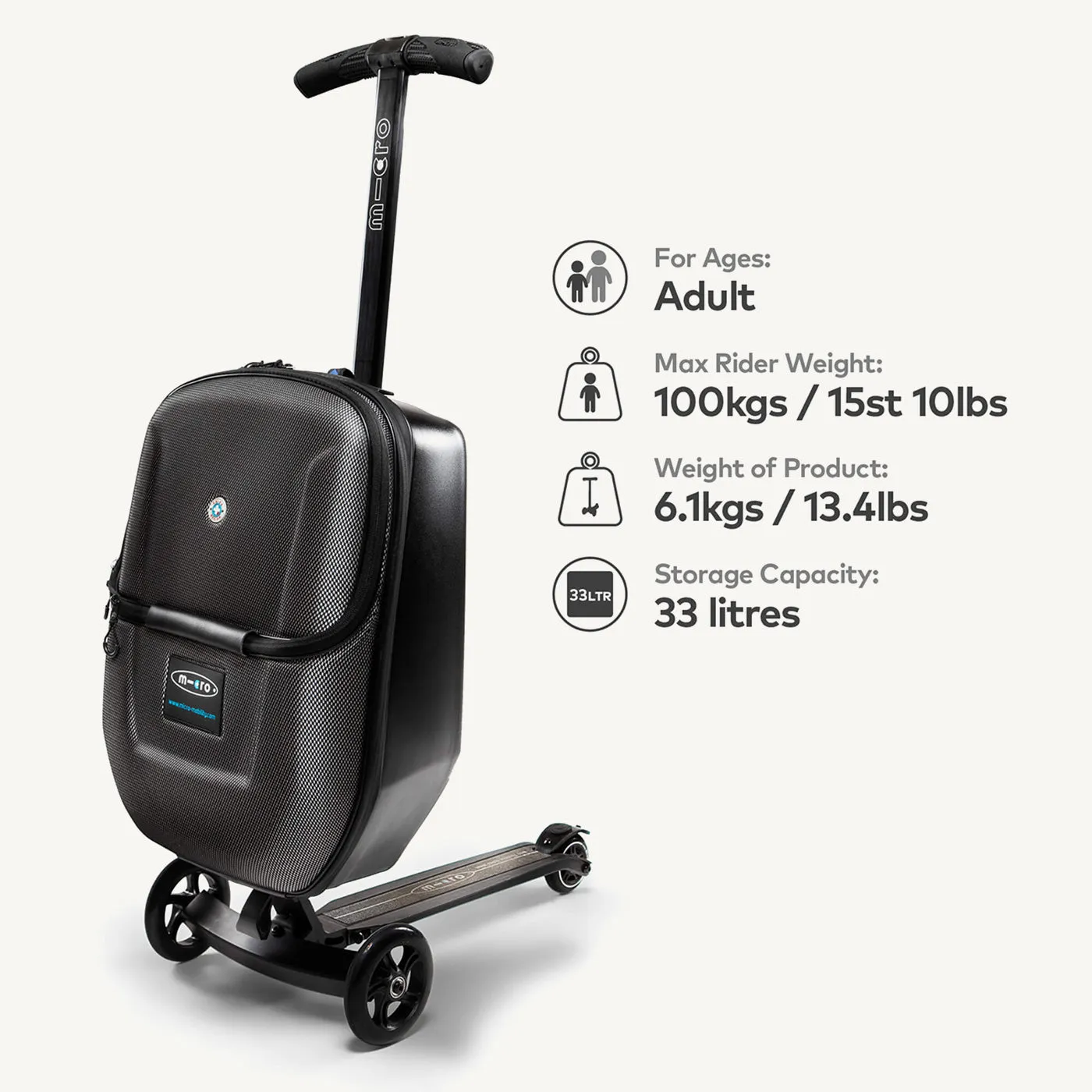 Micro Scooters Luggage Scooter Suitcase for Kids & Adults - Black