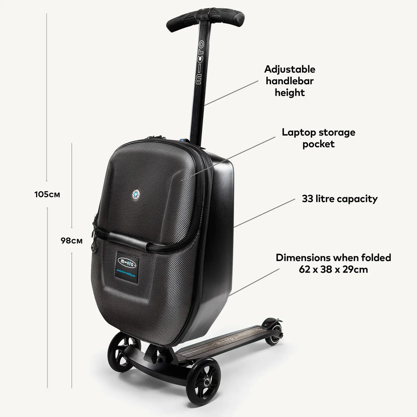 Micro Scooters Luggage Scooter Suitcase for Kids & Adults - Black