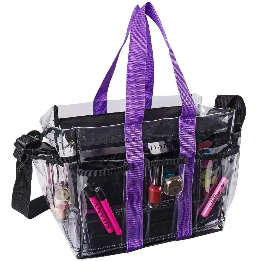 SHANY Travel Caddy with Pockets, Clear with Purple Handle