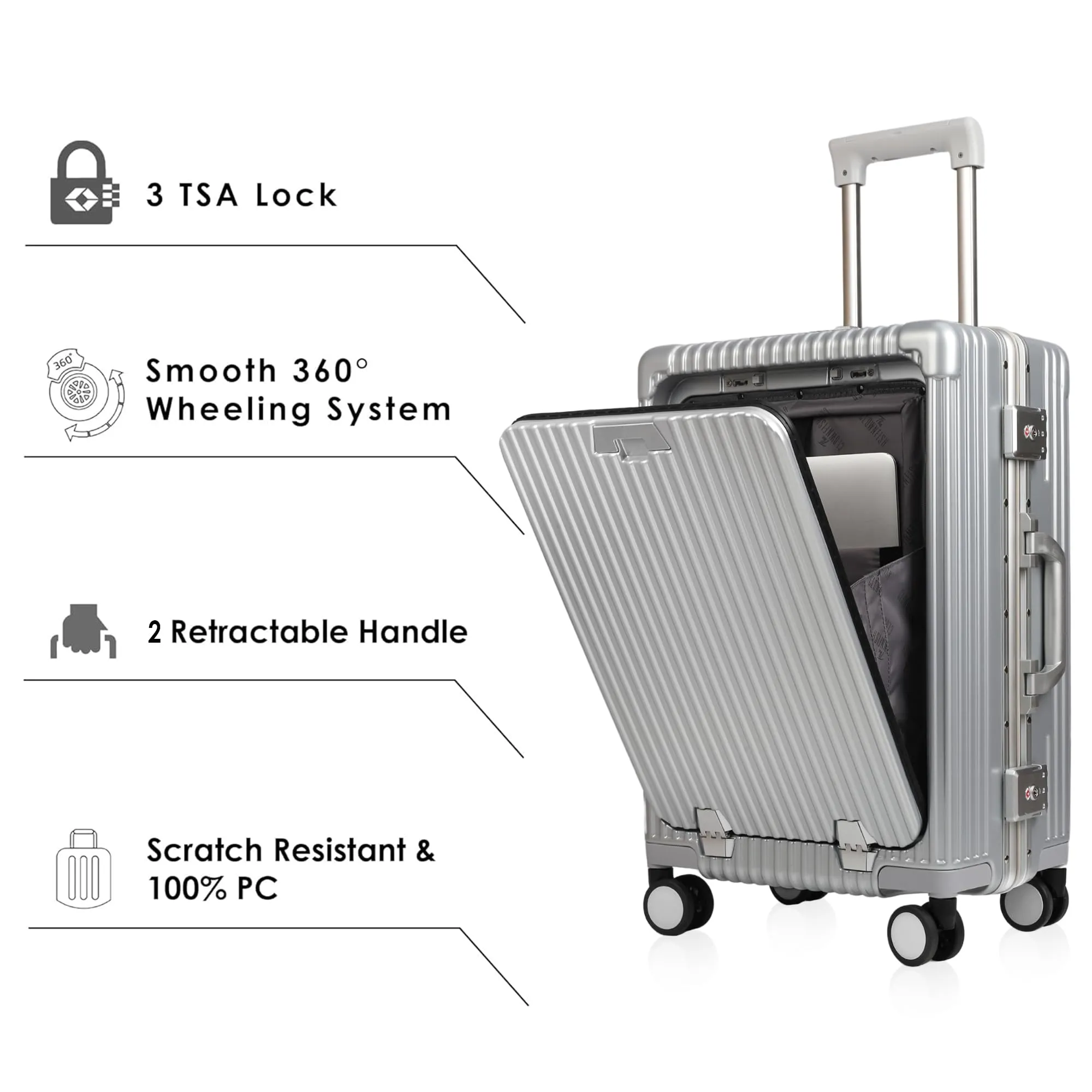 THE CLOWNFISH Ambassador Series Carry-On Luggage Polycarbonate Hard Case Suitcase Eight Spinner Wheel Trolley Bag with TSA Lock, USB, Mobile Holder, Cup Holder- Aluminium Silver (56 cm-22 inch)