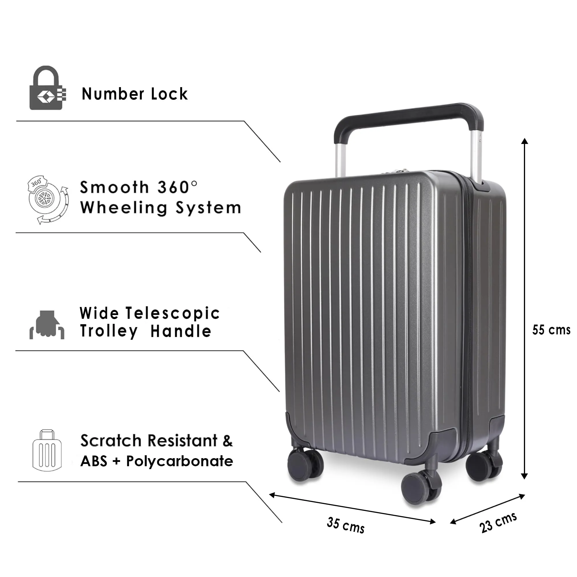 THE CLOWNFISH Trolley Bags for Travel | ABS and Polycarbonate Hard Sided Suitcase | for Travel with 8 Silent Wheels | Cabin Luggage Bag for Users | 360 Degree Rotation | 20 Inch/ 55cm | Grey