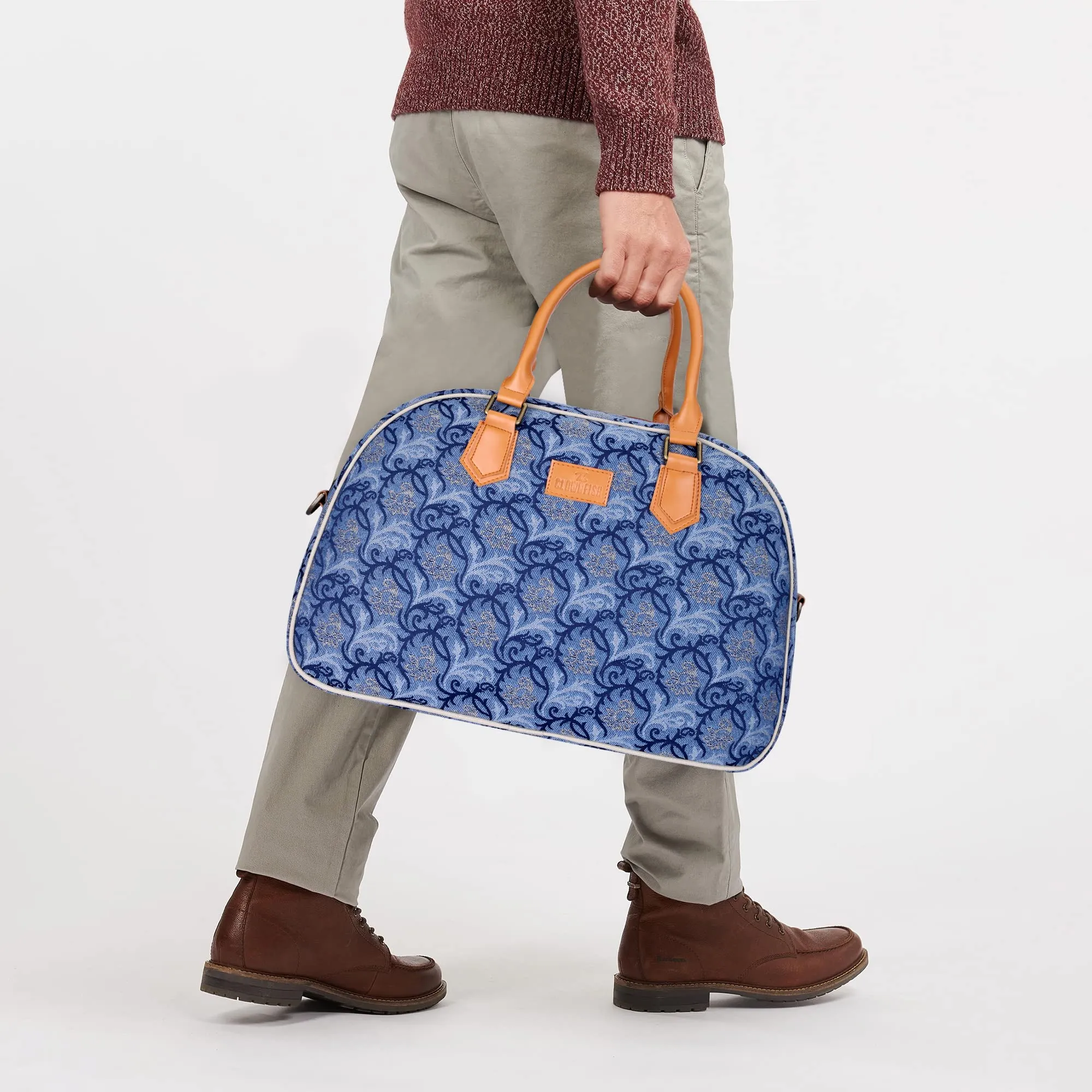 The Clownfish Ziana Series 24 litres Tapestry & Faux Leather Unisex Travel Duffle Bag Luggage Weekender Bag (Blue-Floral)