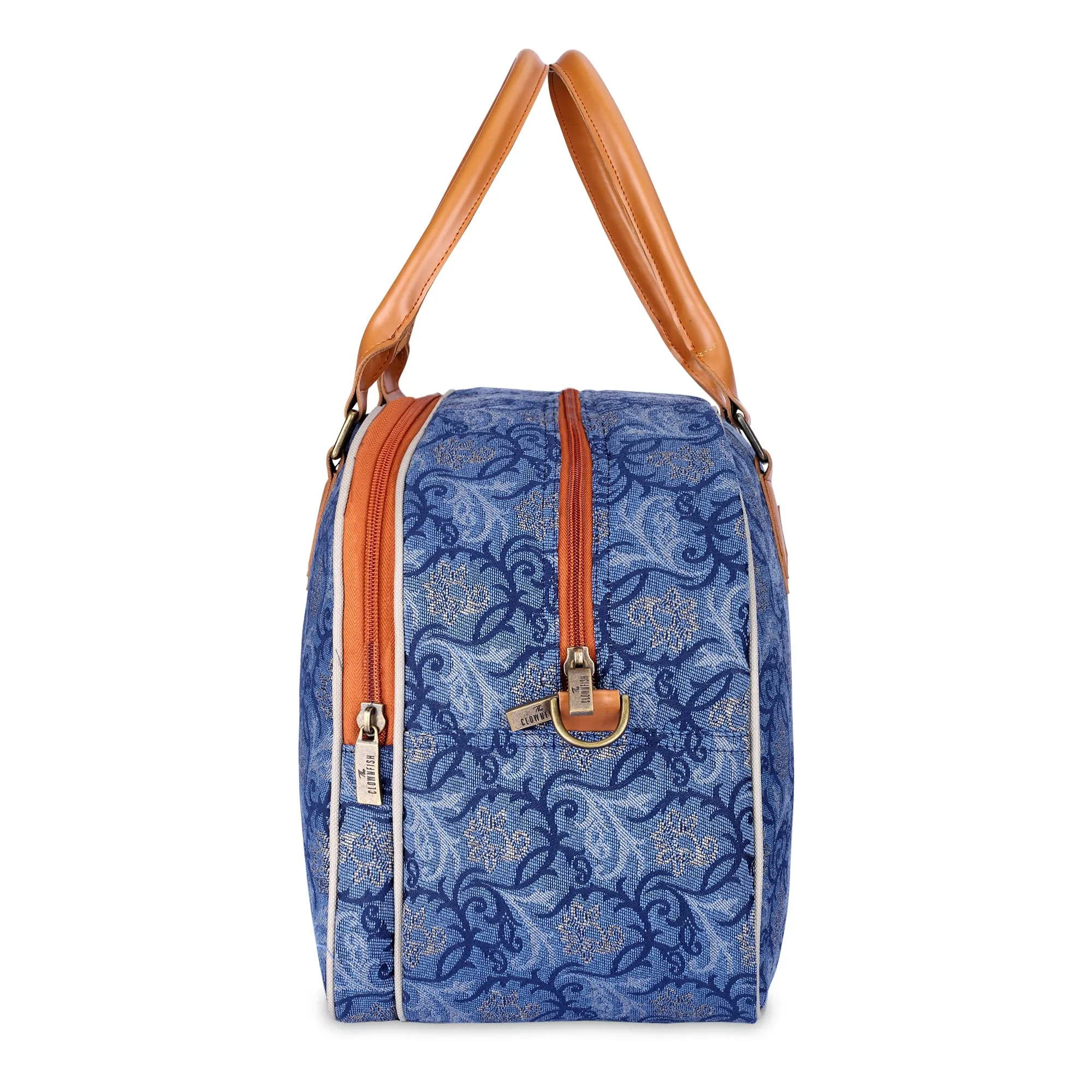 The Clownfish Ziana Series 24 litres Tapestry & Faux Leather Unisex Travel Duffle Bag Luggage Weekender Bag (Blue-Floral)