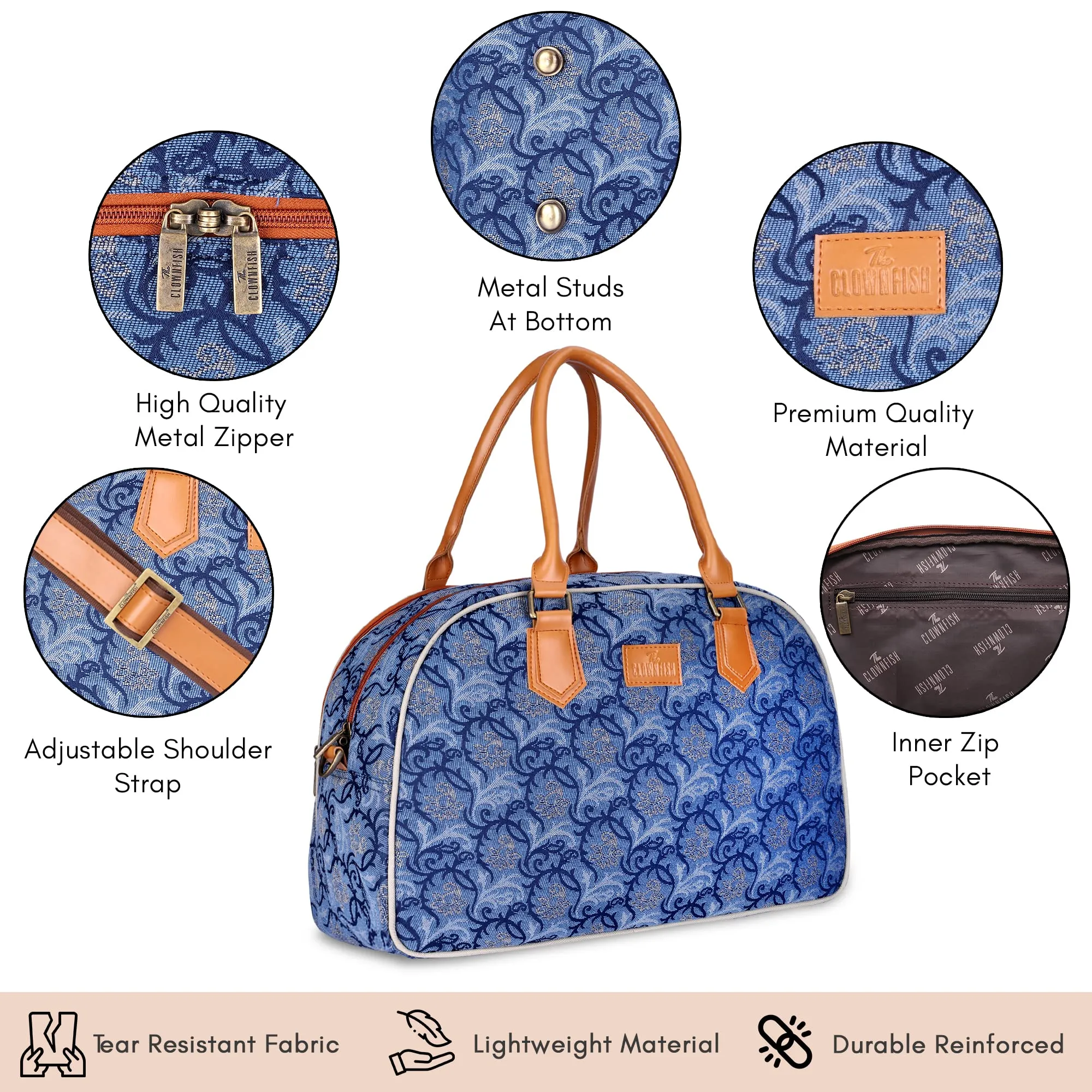 The Clownfish Ziana Series 24 litres Tapestry & Faux Leather Unisex Travel Duffle Bag Luggage Weekender Bag (Blue-Floral)