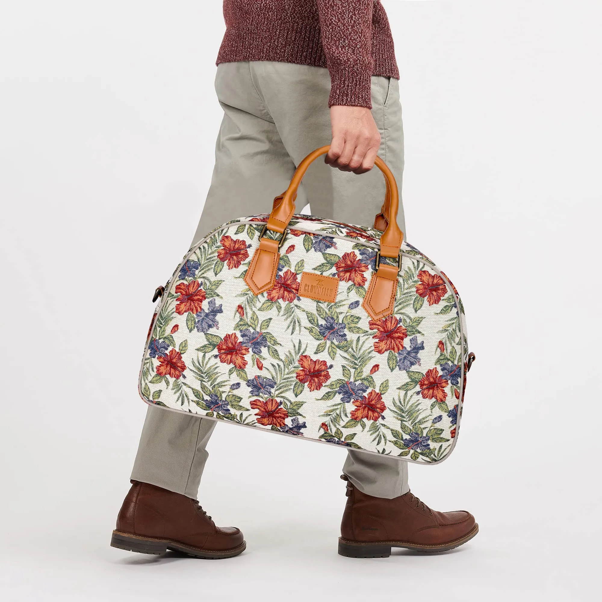 The Clownfish Ziana Series 24 litres Tapestry & Faux Leather Unisex Travel Duffle Bag Luggage Weekender Bag (Maroon-Floral_(L) 47 x (W) 17 x (H) 30 cm)